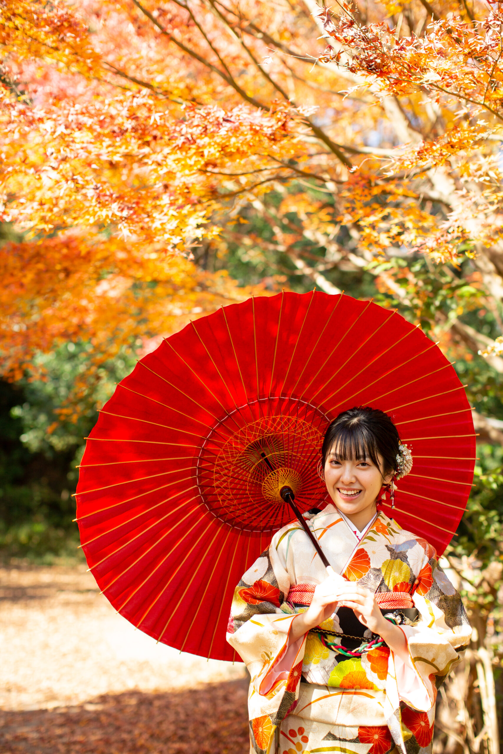 紅葉と冬の光　成人式振袖撮影-M11